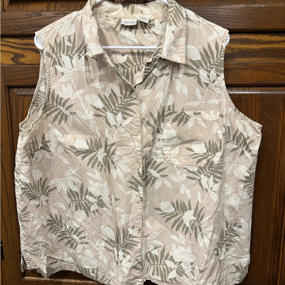 Cherokee Plus Size Shirt Blouse 20W Sleeveless Camp Hike Tropical Button Collar